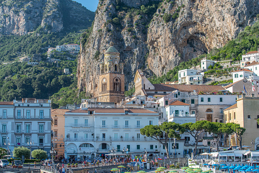 Taormina, Italy - July 22, 2022: Hotels and beaches along coastline below Taormina in Sicily