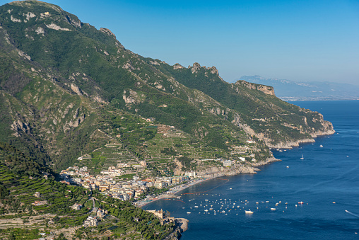 Aerial view of the Amalfi coast in the Tyrrhenian Sea at Italy.