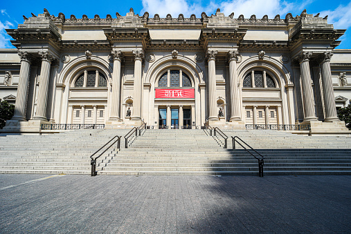 Manhattan, New York, USA - July 9, 2020: Entrance to the Metropolitan museum of art. The museum is closed due to the Covid-19 coronavirus pandemic Lockdown in New York City.