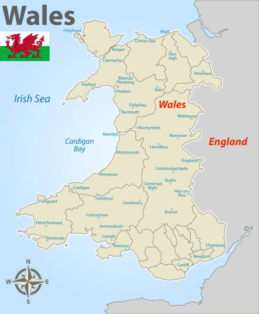 Map of Wales Vector map of Wales with named districts and icons wrexham stock illustrations