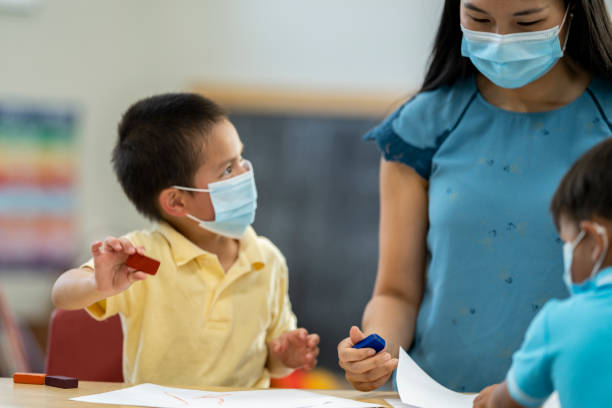 istock Two young boys and a daycare instructor colouring at a table while wearing masks 1255761744