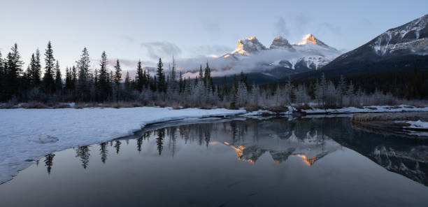 istock Panoramic winter sunrise shot from Canadian Rockies with mountain reflected in water 1255763549
