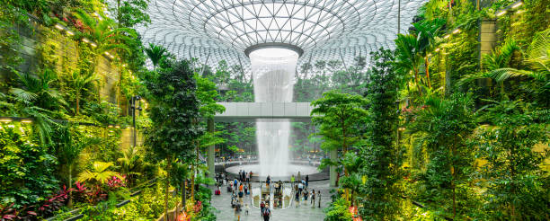 Waterfall at Shopping mall Jewel in Changi Airport stock photo