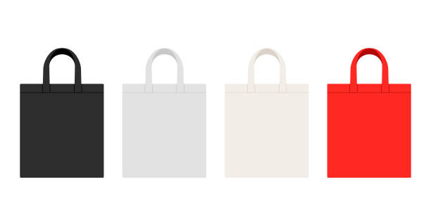 illustrations, cliparts, dessins animés et icônes de maquette de sac fourre-tout d’achat avec l’espace vide de copie. ecobag réutilisable noir, blanc, beige et rouge. paquet textile pour le shopping. illustration vectorielle - tote bag