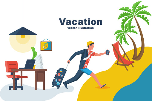 Go on vacation. The manager runs from the office to the beach to relax. Dressing up on the run. Going on vacation. Vector flat design. Isolated on white background. Young man hurry on vacation.