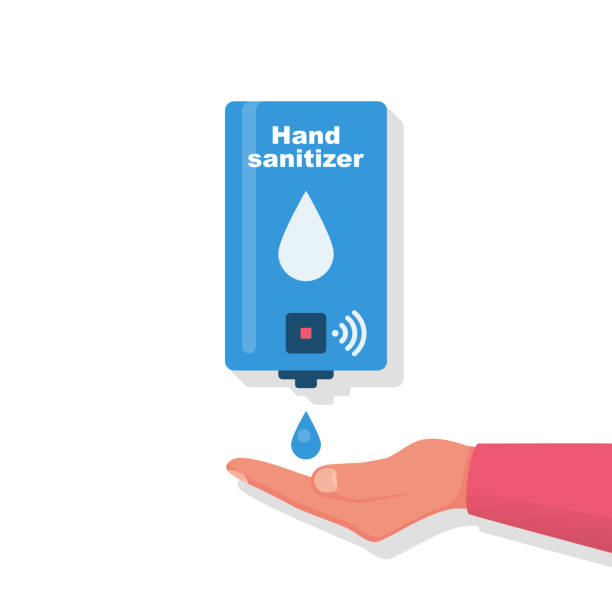 Hand sanitizer wall. People use automatic alcohol antiseptic gel. Hand sanitizer wall. People use automatic alcohol antiseptic gel. Drop of antibacterial gel in palm. Prevention coronavirus covid-19. Sanitizer bottle hygiene product. Cleaning washing hands. Vector. hand water pump stock illustrations