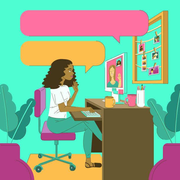 illustrations, cliparts, dessins animés et icônes de femme latino-américaine noire travaillant à l’espace de travail de chambre à coucher de bureau d’ordinateur à la maison - silhouette animal black domestic cat