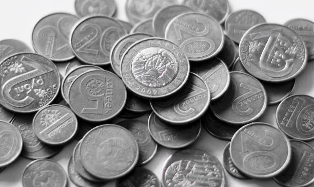 Two belarusian rubles coin on a pile of rubles