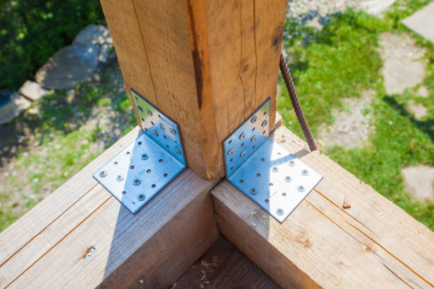 istock Steel corner mounting plate for joining wooden structures 1255769976