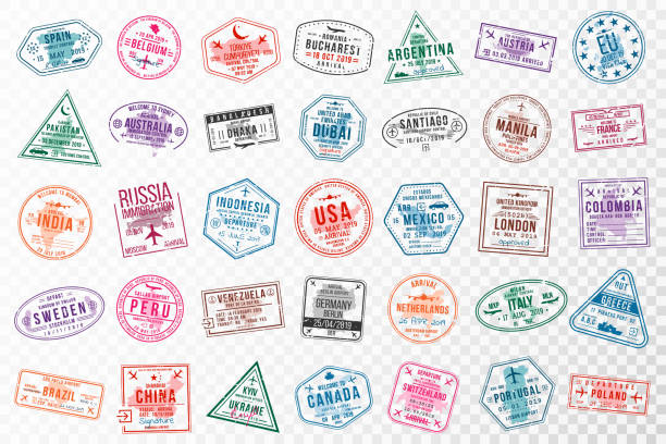 Set of travel visa stamps for passports. Abstract international and immigration office stamps. Arrival and departure visa stamps to Europe, America, Asia and Australia Set of travel visa stamps for passports. Abstract international and immigration office stamps. Arrival and departure visa stamps to Europe, America, Asia and Australia. Vector travel borders stock illustrations