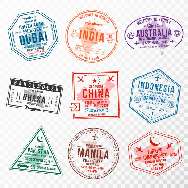 여권에 대한 여행 비자 우표 세트. 추상적인 국제 및 이민 사무소 우표. 아시아 국가에 도착 및 출발 비자 스탬프 - 중국, 인도, 인도네시아, 터키 - passport stamp rubber stamp passport china stock illustrations