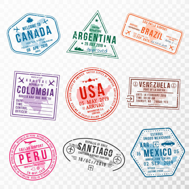 illustrations, cliparts, dessins animés et icônes de ensemble de timbres de visa de voyage pour les passeports. timbres abstraits des bureaux internationaux et d’immigration. timbres de visa d’arrivée et de départ vers les pays américains - états-unis, canada, brésil, mexique - passport stamp passport rubber stamp travel