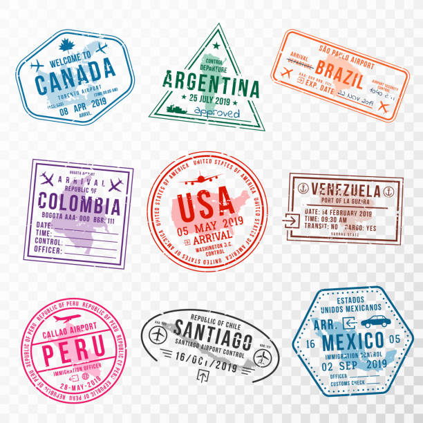 여권에 대한 여행 비자 우표 세트. 추상적인 국제 및 이민 사무소 우표. 미국 국가에 도착 및 출발 비자 우표 - 미국, 캐나다, 브라질, 멕시코 - mexico argentina stock illustrations