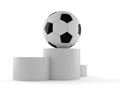 Soccer ball on podium isolated on white background. 3d illustration
