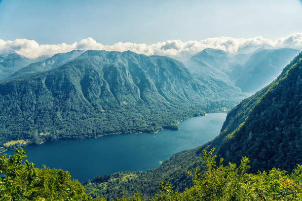 istock High angle view on panorama of Lake Bohinj 1255774883
