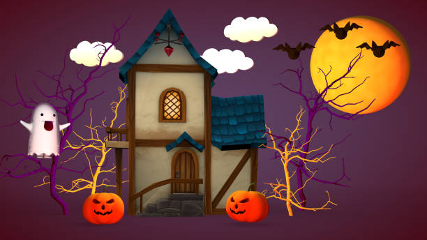 istock Halloween holiday concept. A small house with pumpkins and a funny ghost. 3D rendering 1255775759