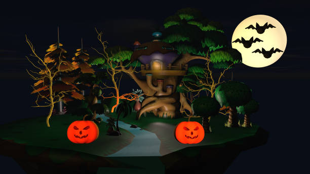 istock Halloween holiday concept. A small house with pumpkins and a funny ghost. 3D rendering 1255775777