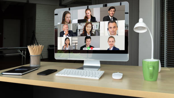 istock Video call business people meeting on virtual workplace or remote office 1255775823