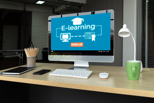 E-learning and Online Education for Student and University Concept. Video conference call technology to carry out digital training course for student to do remote learning from anywhere.