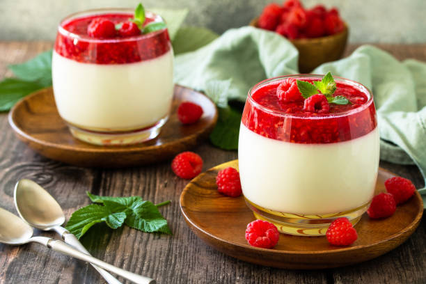 istock Raspberry Panna cotta with raspberry jelly, Italian dessert, homemade cuisine. 1255776842