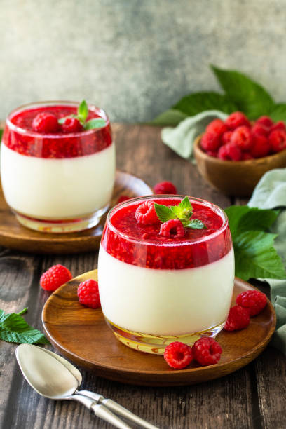 istock Raspberry Panna cotta with raspberry jelly, Italian dessert, homemade cuisine. Copy space. 1255776844