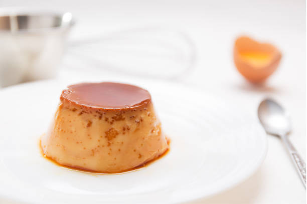 Close-up of slices of Argentinian flan tart serving tray. Dessert ready to serve at the restaurant.
