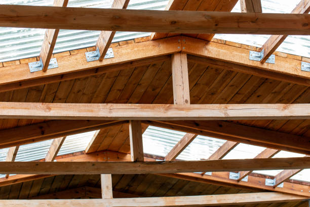 istock Double roof rafters. Construction of second floor inside 1255780928