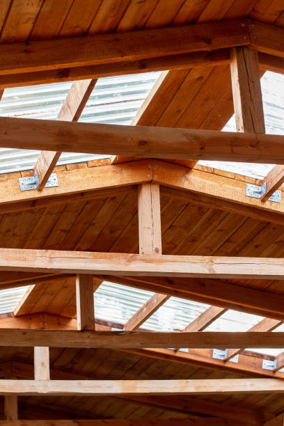 istock Double roof rafters. Construction of second floor inside 1255780944