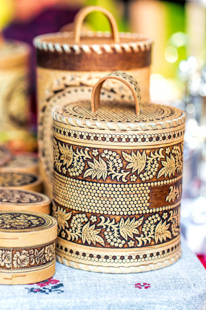 istock Casket of birch bark with painted closeup 1255780949