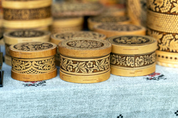 istock Casket of birch bark with painted closeup 1255780955