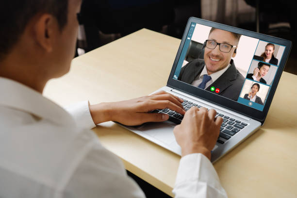 istock Video call business people meeting on virtual workplace or remote office 1255781005