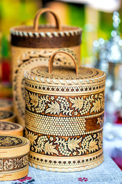 istock Boxes of birch bark with painted closeup 1255781049