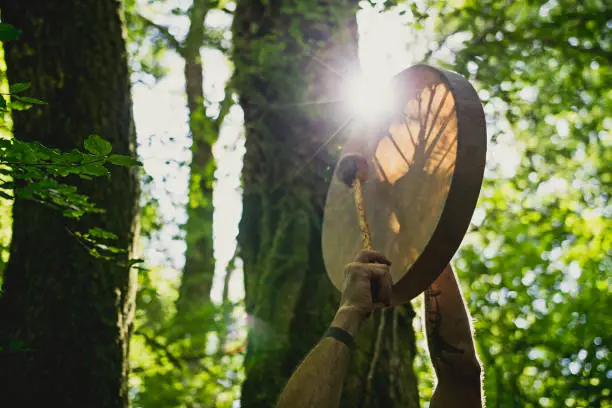 Adult man playing shamanic drum in forest