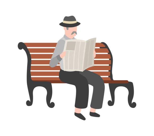 Old men reading newspaper outdoor, grandfather with mustache in hat and suit sits on bench, gentleman walk in park. Flat vector isolated cartoon character