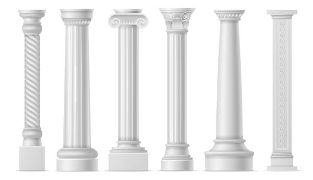 istock Antique white columns. Roman historical stone pillars, marble pillar ancient greece architecture, classic column art objects vector set 1255782337
