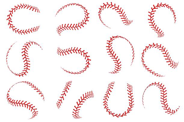 illustrazioni stock, clip art, cartoni animati e icone di tendenza di pizzo palla da baseball. palline softball con fili rossi punti elementi grafici, linee di corsa sferiche per palline in pelle sportiva, set vettoriale - clip path