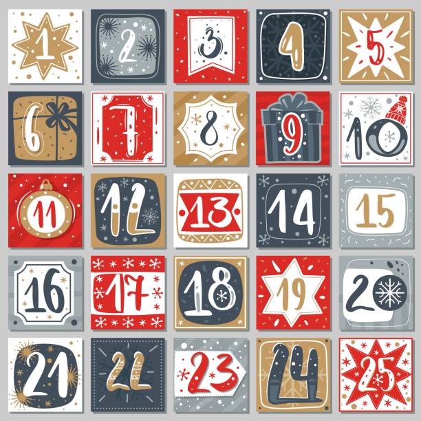 December advent calendar. Christmas poster countdown printable tags numbered poster with xmas ornament, winter postcard vector template December advent calendar. Christmas poster countdown printable tags numbered poster with xmas ornament red blue and gold colors, winter postcard vector creative template holiday calendars stock illustrations