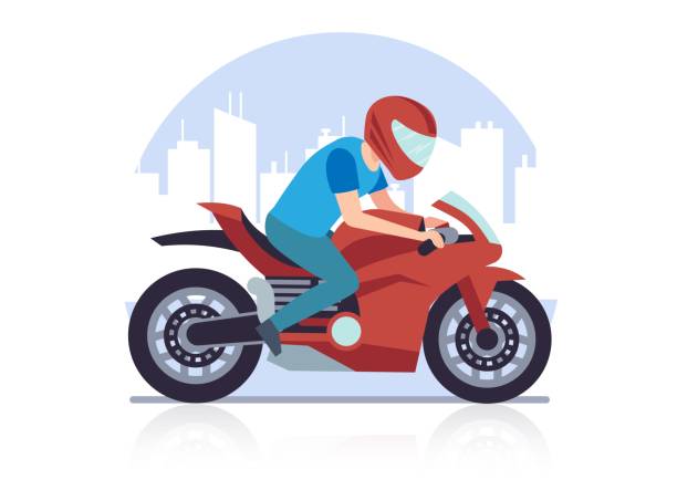 スポーツレースバイク。白い背景に赤いバイクの漫画フラットスタイルのイラストで高速で街並みが殺到を背景にレーサー - motorcycle biker sport city点のイラスト素材／クリップアート素材／マンガ素材／アイコン素材