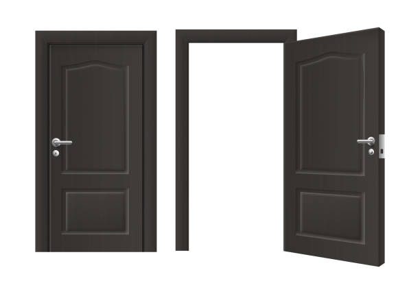 istock Open and closed front door of black wood - realistic house doorway 1255783814