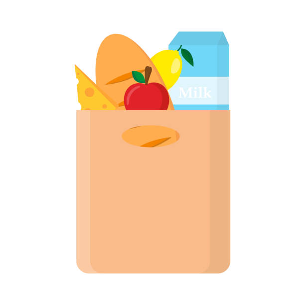 ilustrações de stock, clip art, desenhos animados e ícones de shopping bag with food flat icon isolated on white background. vector illustration. - brown bread illustrations