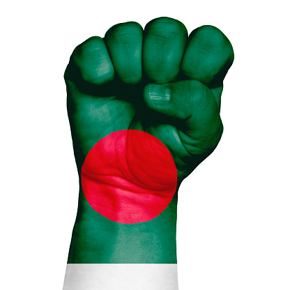 A restrained image of a fist painted in the colors of the flag of Bangladesh. Image on a white background. Isolate