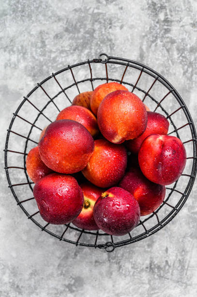 istock Ripe red nectarines in a basket. Gray background. Top view 1255786249
