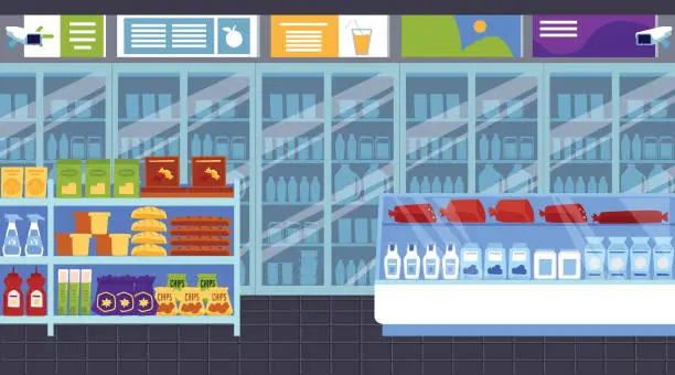 Vector illustration of The interior of the supermarket products.