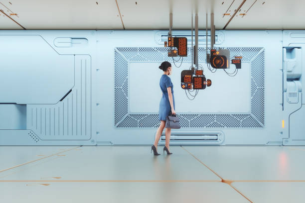 istock Futuristic checkpoint corridor with woman walking 1255787261