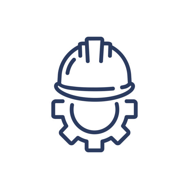 helm und getriebe dünne linie symbol - schutzhelm stock-grafiken, -clipart, -cartoons und -symbole