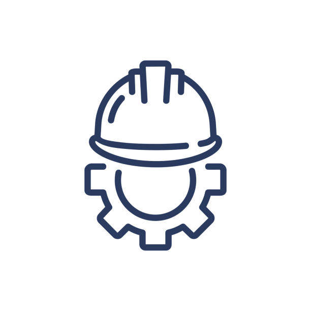 Helmet and gear thin line icon Helmet and gear thin line icon. Security, workwear, constriction isolated outline sign. Work safety and protection concept. Vector illustration symbol element for web design and apps hard hat stock illustrations
