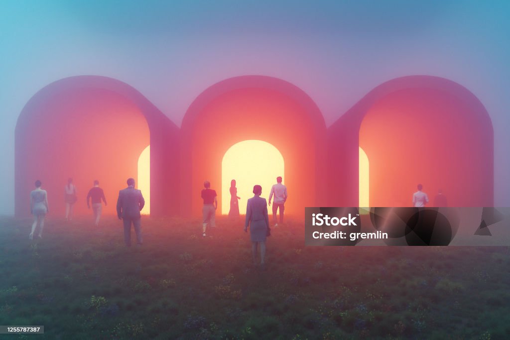 People walking towards mysterious tunnels People walking towards mysterious tunnels. This is entirely 3D generated image. Change Stock Photo