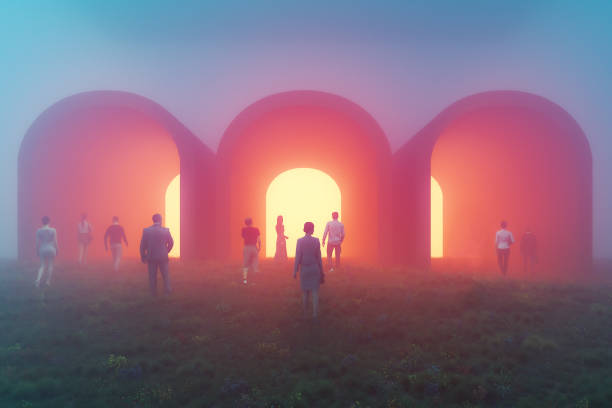 People walking towards mysterious tunnels People walking towards mysterious tunnels. This is entirely 3D generated image. surreal fantasy stock pictures, royalty-free photos & images