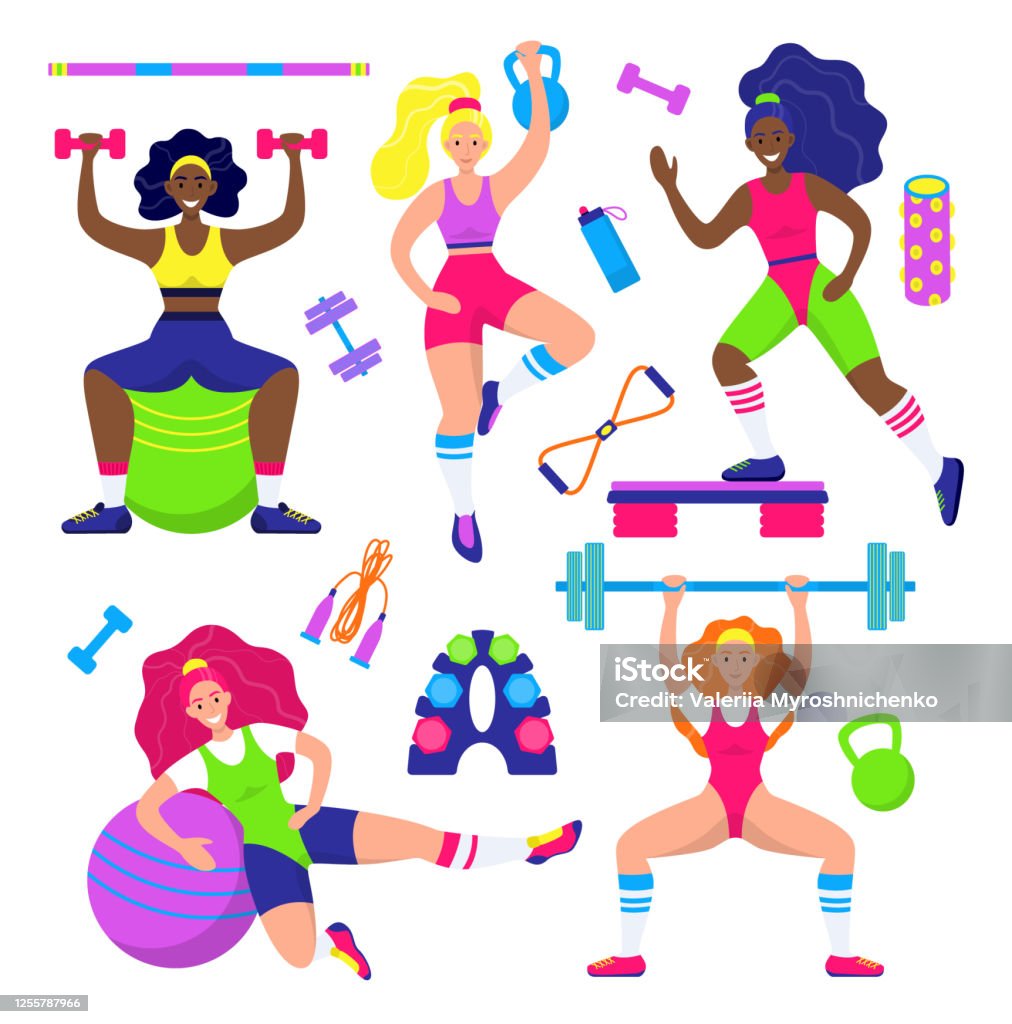 Set Of Woman Girl In Aerobics Outfit Stock Illustration - Download