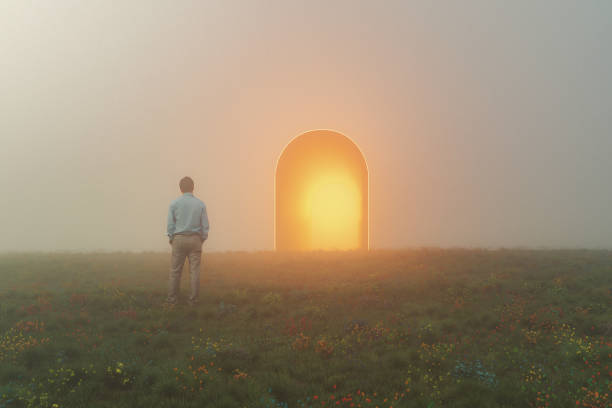Businessman standing in front of mysterious passage